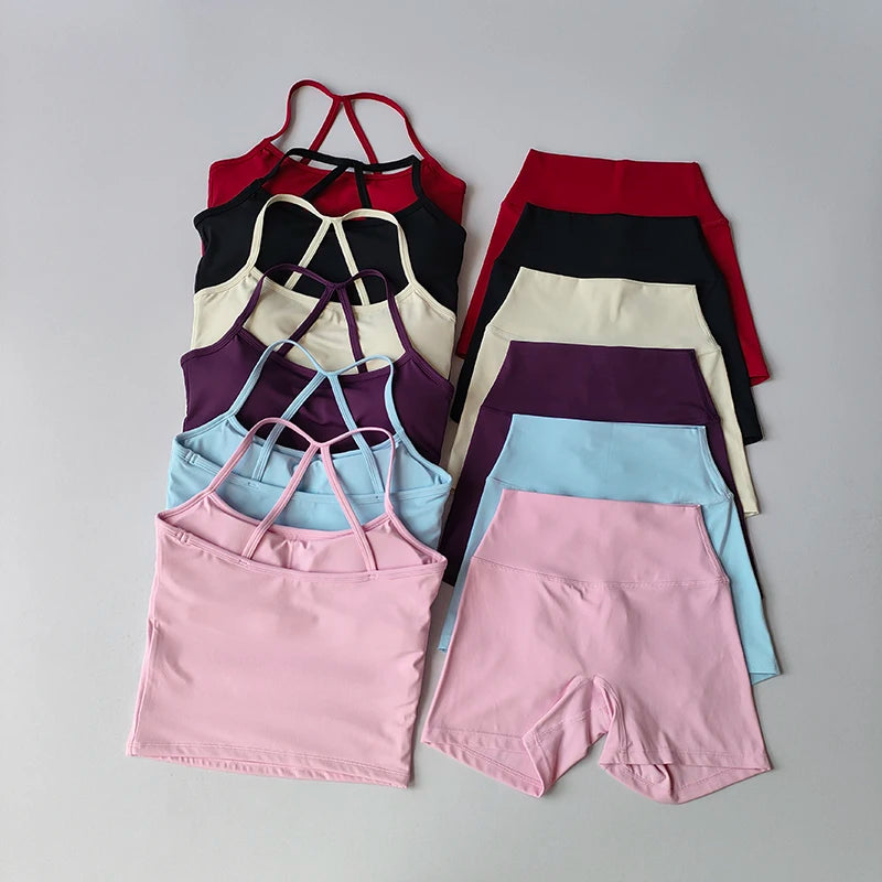 Women's Slim Shoulder Yoga Vest High Waisted Waist Hugging Naked Yoga Three Part Shorts Exercise Set Popular Fitness Clothing