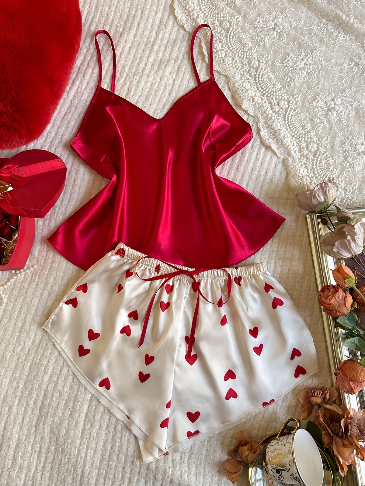 New Summer Women's V Neck Pajama Set Fashion Solid Halter Top with Heart Printed Shorts 2 Piece Sleepwear Comfortable Home Wear