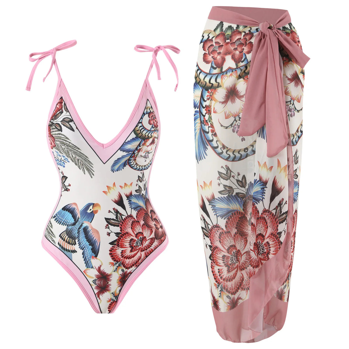 Sexy One-piece Swimsuit with Skirt Swimwear Women Flower Bird Print Body Bathing Suit Beach Swim Pool 2024 Female Swimming Suit