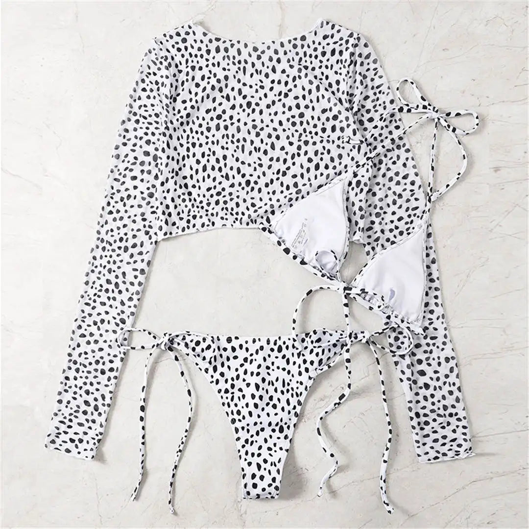 S- XXL Leopard Printed Long Sleeve Bikini Women Swimwear Female Swimsuit Three-piece Bikini set Bather Bathing Suit Swim V3193SW