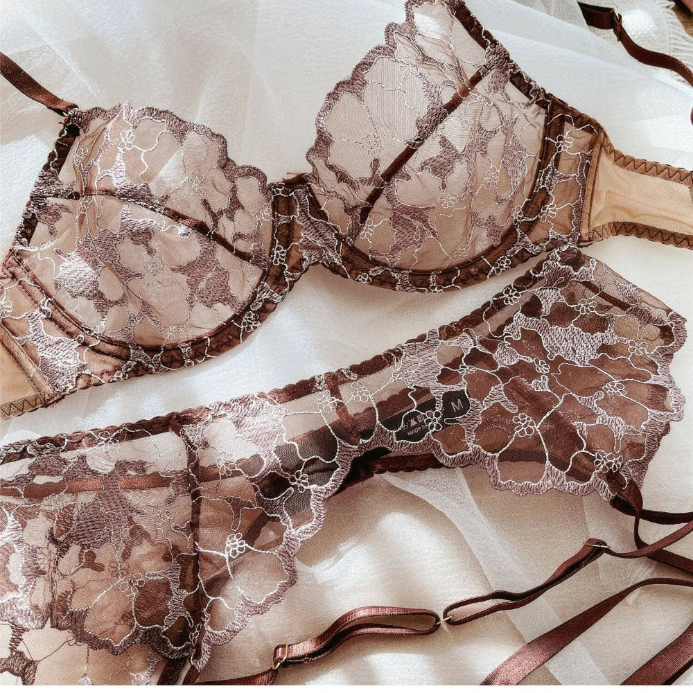3 Pcs Sexy Lingerie Set Women Lace Embroidery Bra French Ultra Thin Mesh Underwear Summer High Quality Bras and T-back Stockings