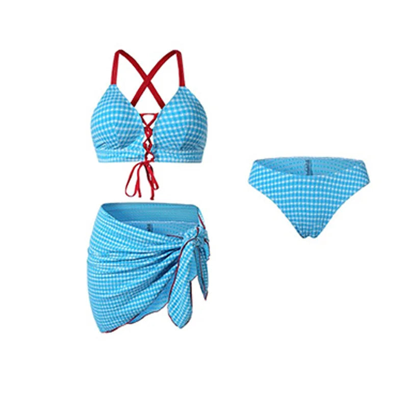New Blue Plaid Bikini Set Cute Sea Vacation Four-Piece Suit Separate Design High Quality Girls Pure Desire Cross-Border Item