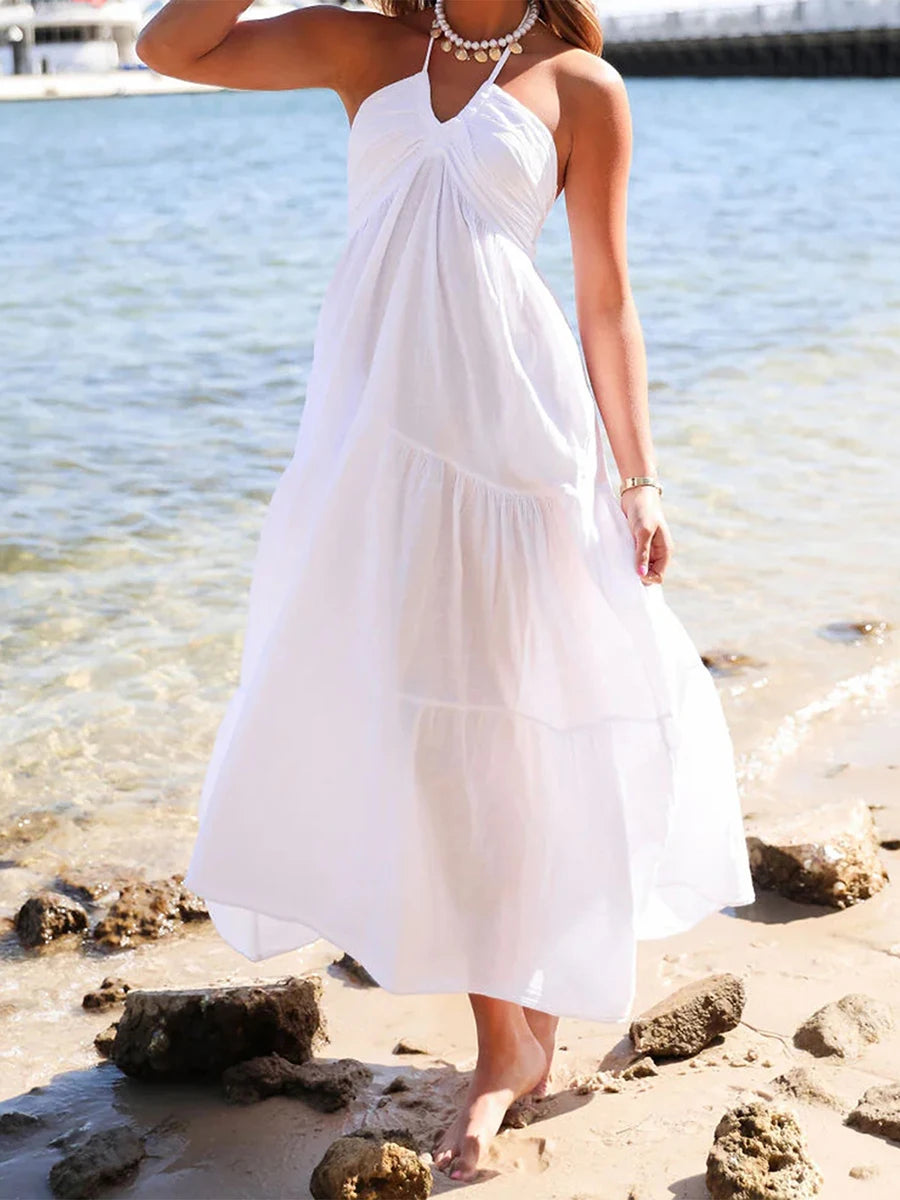 Women Summer Halter Neck Dress Sleeveless Backless Ruffle Hem Flowy Solid Color Dress for Party Beach Club Streetwear Casual