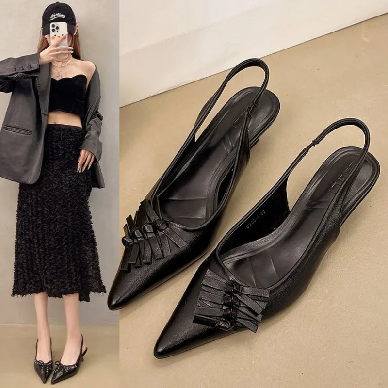 SUOJIALUN Autumn New Women Sandal Fashion Pointed Toe Pleated Ladies Elegant Dress Slingback Shoes Shallow Thin High Heel Pumps