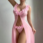 Pink Floral Sexy Lingerie Dress Women Nighties Exotic Babydolls Slip Nightdress Deep-V Lace Mesh See Through Nightgowns