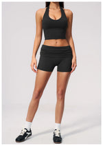 2PCS Yoga Set Women V-neck Cross Neck Shock-absorbing Sports Vest Workout Pleate Flip High Waist Shorts Gym Runing Fitness Suits