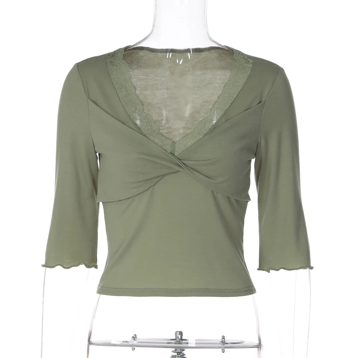 FDYOUI Women's T-shirt Tops Casual Fashion Lace Patchwork Green T Shirts Female Clothing V-neck Ruched Slim Crop Top Streetwear