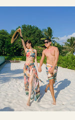 Print High Waist High Neck Swimsuit 3 Pcs Bikini Set Women Men's Swim Shorts Summer Surfing Suit Couples Bathing Suit Holiday