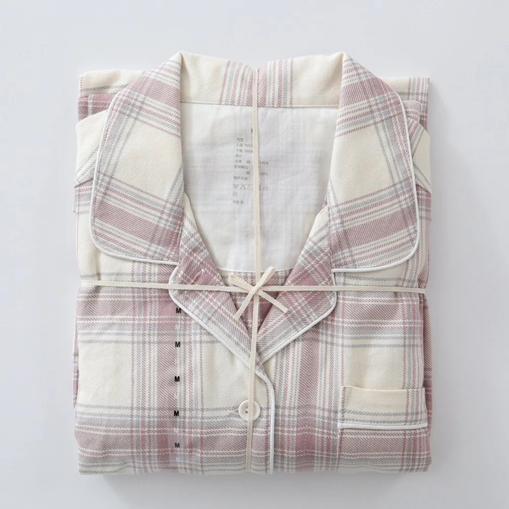 Men Brushed Cotton Vintage Plaid Stripe Pajama Set Lapel Collar Long Sleeve Top Pants Home Sleepwear Loungewear