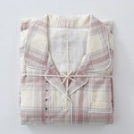 Men Brushed Cotton Vintage Plaid Stripe Pajama Set Lapel Collar Long Sleeve Top Pants Home Sleepwear Loungewear