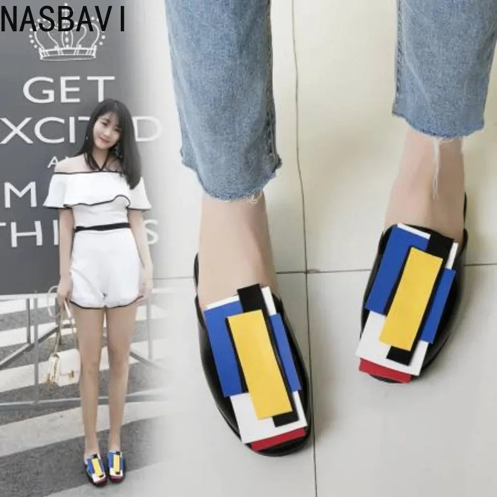 Summer Women Slipper High Block Heels Mules Party Club Ladies Mixed Color White Outdoor Slip-on Square Toe Shoes