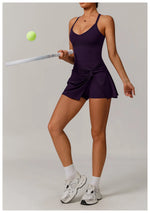 Summer Tennis Dress Women Sleeveless V Neck Slim Skirt Pleate Twisted Design Crossed Hollow Out Sports Yoga Golf Skirt Badminton