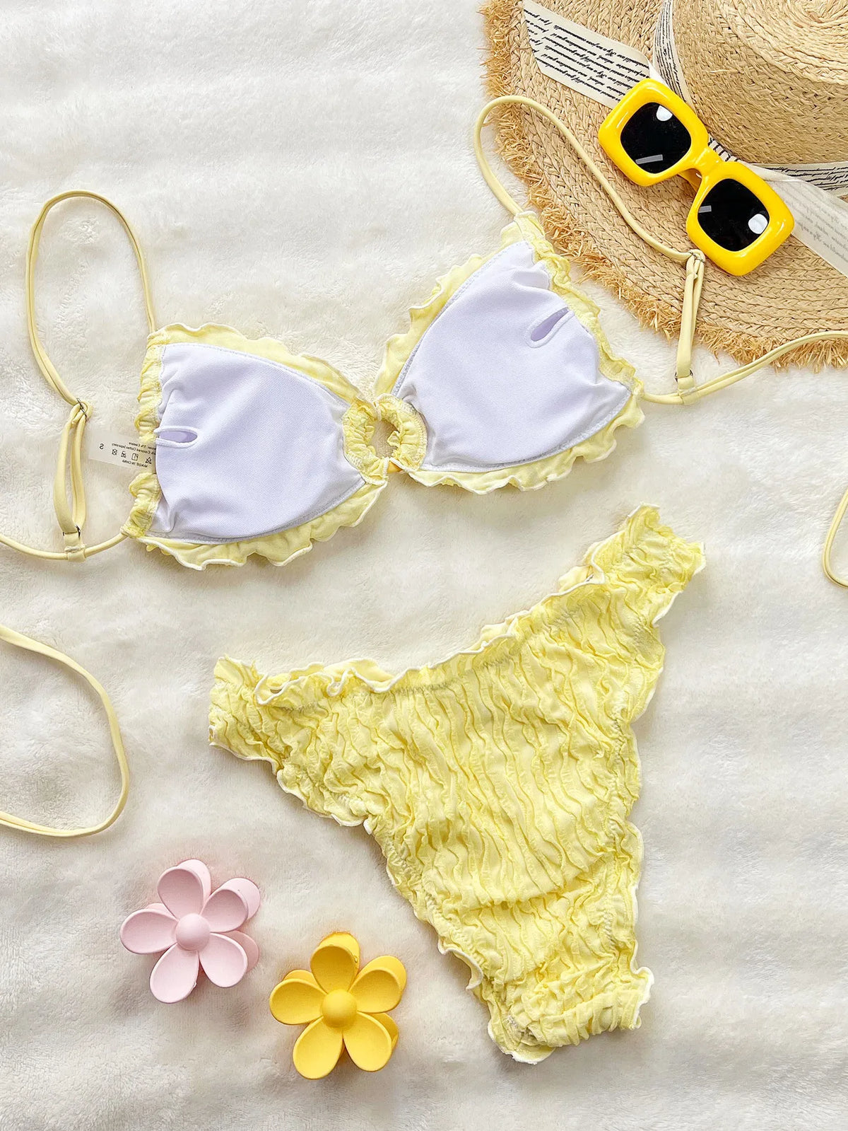 Summer Ruffles High Waist Bikini Set 2026 Women Hollow Out Circle Push Up Bra Two Piece Swimsuit Beach Bathing Suit Swimwear