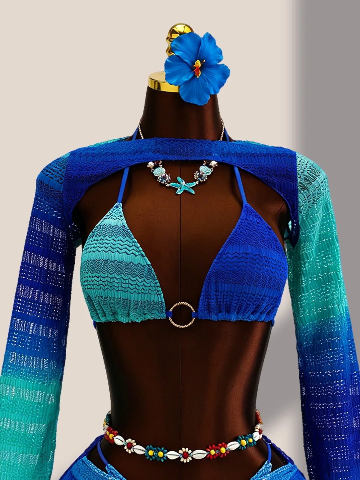 Sexy Blue Gradient Knitted 4 Piece Bikini Set 2026 Swimwear Women Long Sleeve Cover Up Drastring Skirt Holiday Thong Swimsuit