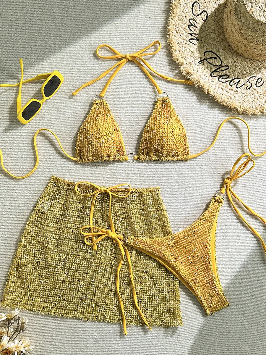 With Mesh Sarong Skirt Halter Bikini Women Swimwear Female Swimsuit Three-pieces Bikini Set Fishnet Bathing Suit Swim Beachwear