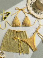 With Fishnet Sarong Skirt Halter Micro Bikini Women Swimwear Female Swimsuit Three-pieces Bikini Set Bathing Suit Swim Beachwear