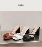 Summer New Fashion Open Toe Solid Color Simple Leather Surface Versatile Color Large Slippers Square Heel Shoes Women