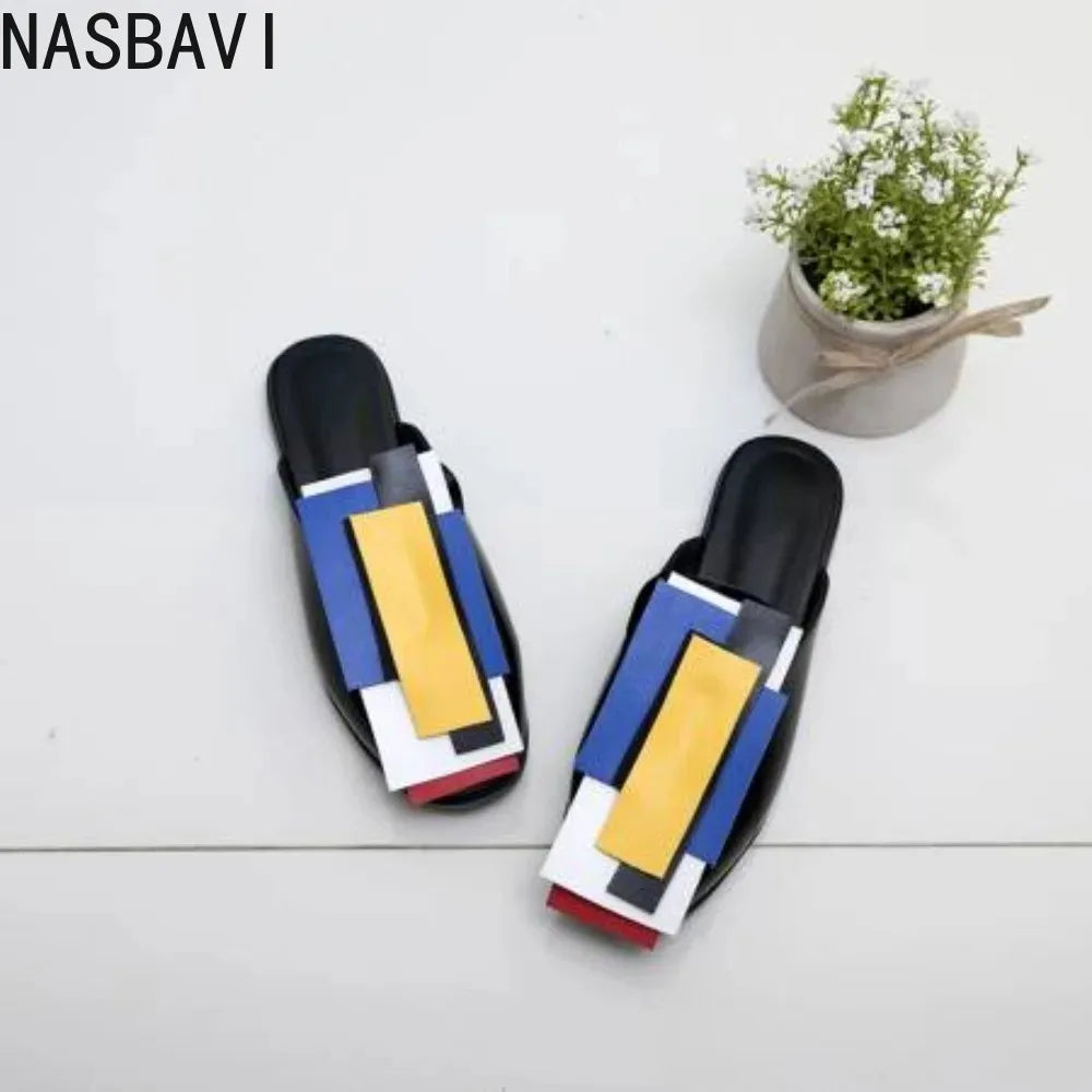 Summer Women Slipper High Block Heels Mules Party Club Ladies Mixed Color White Outdoor Slip-on Square Toe Shoes