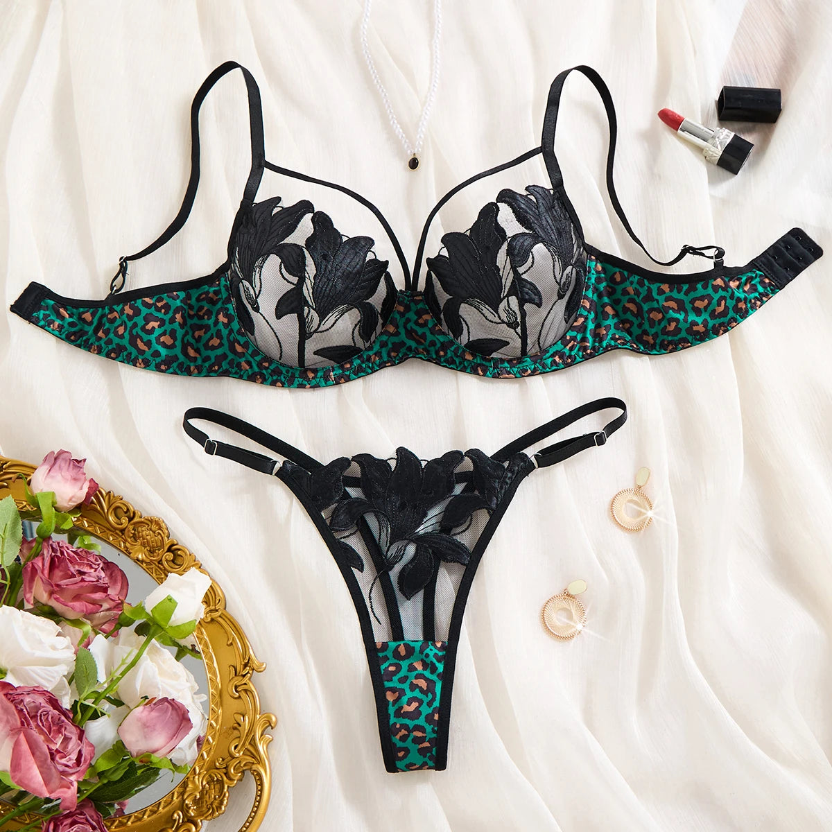 3/4 cup gathered netted lace lingerie set - green leopard print black floral embroidered bra and panties set ZA825183