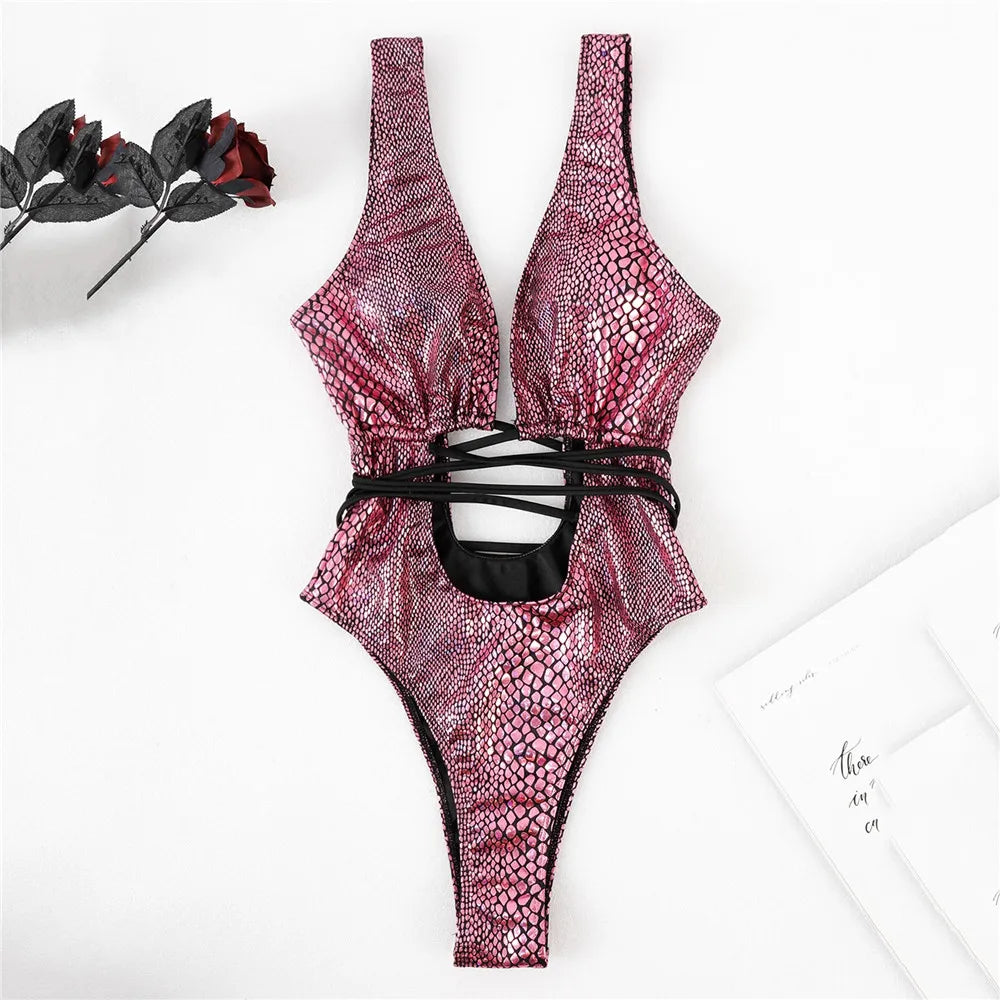Sexy Gold Snake Print Shiny Swimwear Cut Out Monokini One Piece Swimsuits Women 2025 String Cross Bathing Swimming Suit Bodysuit