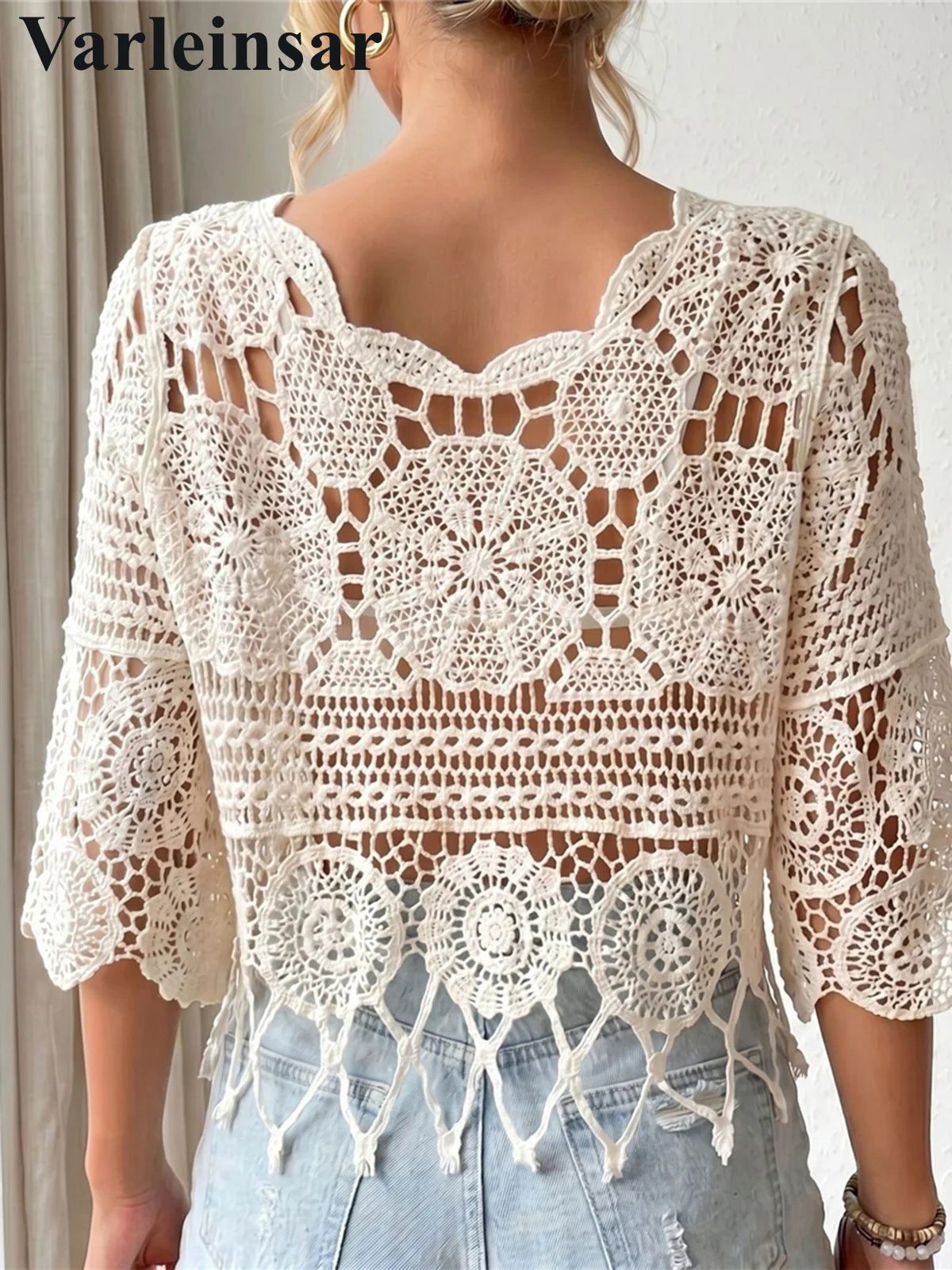 Half Sleeve Hollow Out Solid Crochet Knitted Tunic Beach Cover Up Cover-ups Beach Dress Beach Wear Beachwear Female Women V8401
