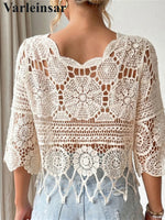 Half Sleeve Hollow Out Solid Crochet Knitted Tunic Beach Cover Up Cover-ups Beach Dress Beach Wear Beachwear Female Women V8401