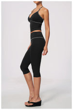 Summer Color Blocking Yoga Suit Women Tracksuit Hanging Neck V Neck Slim Sports Vest Tight Hip Lifting Capri Pants Fitness Sets