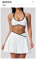 Summer New Outdoor Breathable Yoga Sets Women Color Block Shockproof Sports Bra Tennis Pleate Skirt Gym Workout Fitness Suits