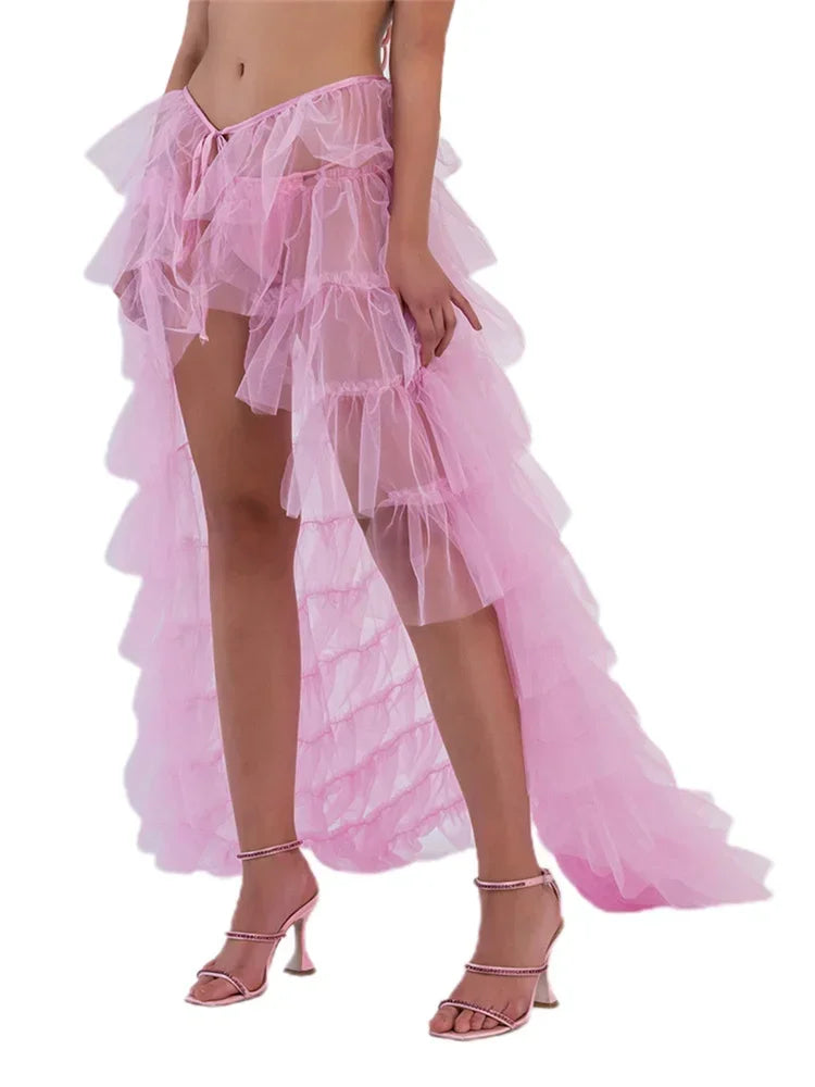Fashion Long Tulle Skirt Women Elegant Princess Sexy Style Irregular Mesh Tutu Skirts Vintage Puffy Skirt Beach Cover-ups