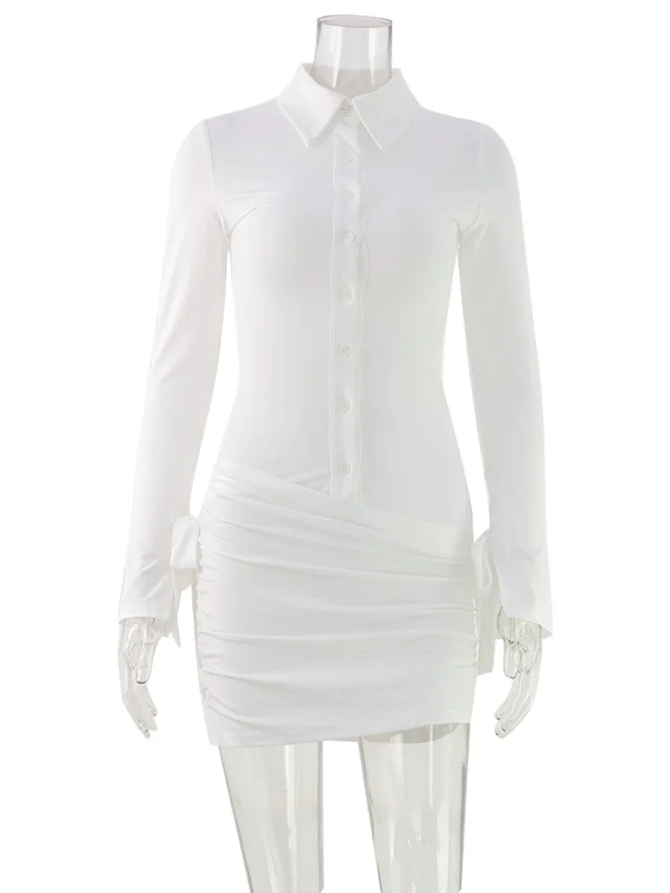 Ahagagg Fashion Dresses For Women Solid Turn Down Collar Single Breasted Regular Long Sleeves Sheath Slim Fit Female Elegant