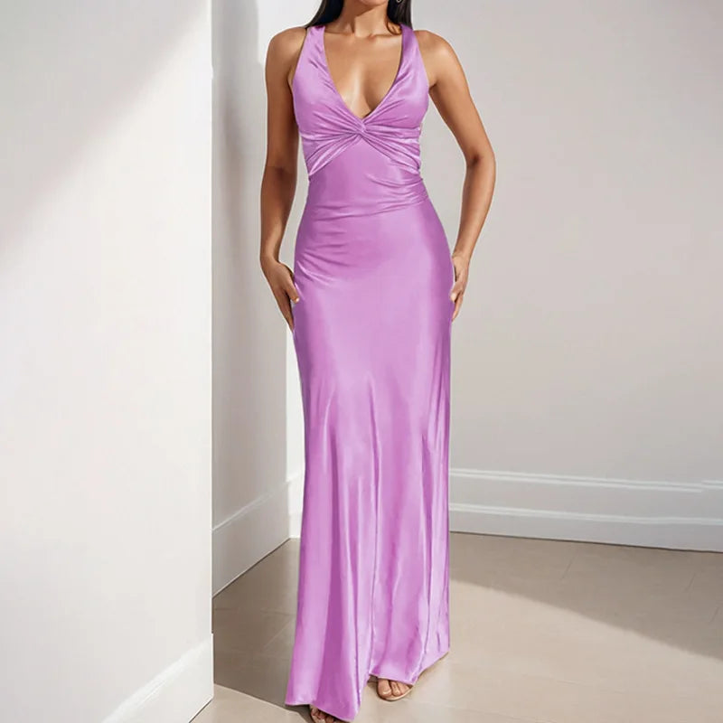 Sexy Elegant Party Long Dress Fashion Summer Solid Color V-Neck Halter Neck 2025 Backless Vestidos Sleeveless Beach Maxi Dresses