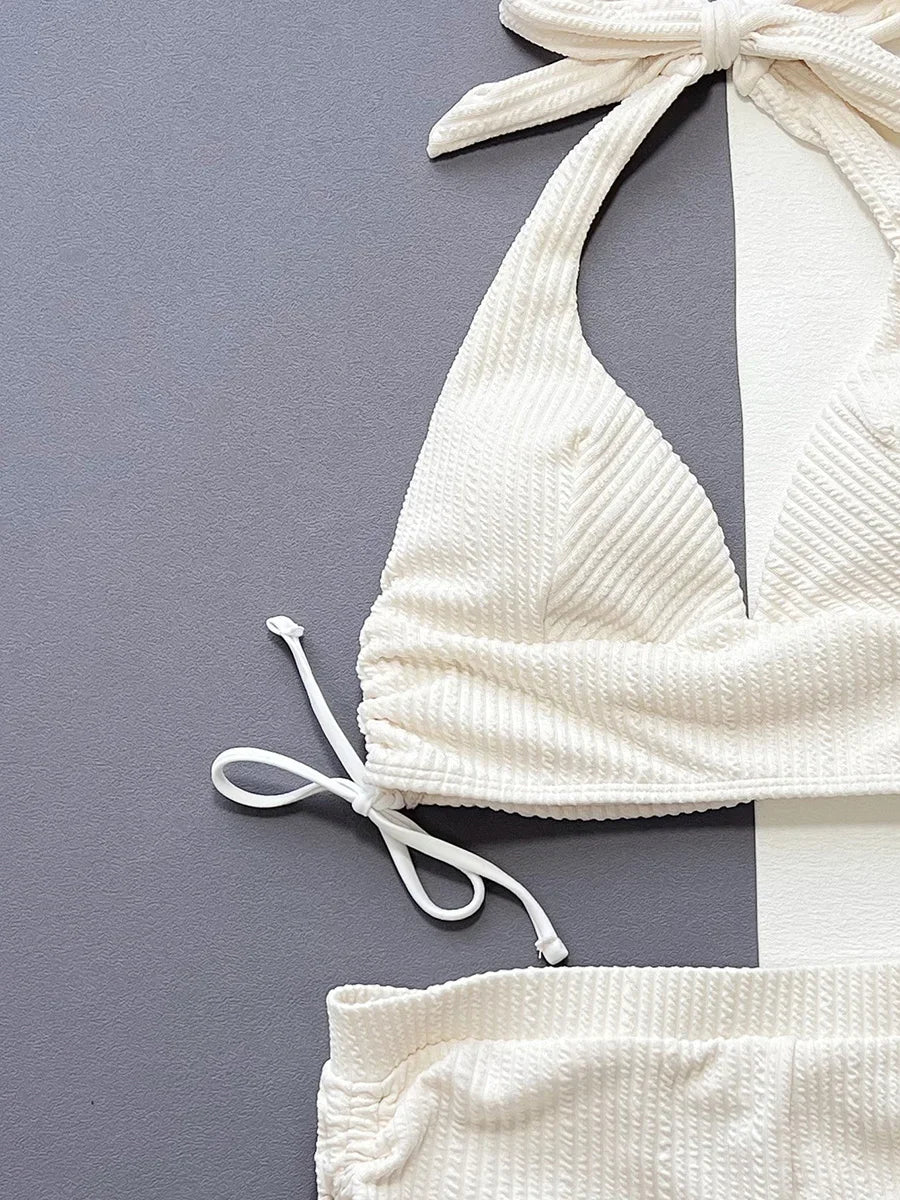 2026 Halter V Neck Shorts Bikini Female Swimsuit High Waist Bikini Women Swimwear Two-pieces Bikini Set Ribbed Bathing Suit Swim