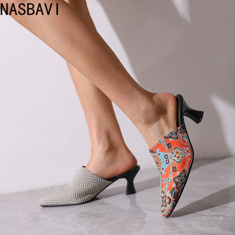 NASBAVI New Breathable Hollow Slippers Stone Pattern Leather Pumps Women Chunky Heels Mules Black Dress Shoes Big Size 45 46 47