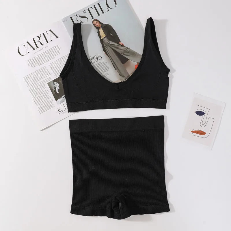 Seamless Bra Set Women V Neck Bra Wireless Brassiere Sexy Lingerie Set Soft Shorts Women's Underwear Set Female Comfy Intimates