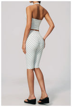 New Summer Women White Polka Dot Print Yoga Sets Hanging Neck Slim Sport Vest High Waist Mid Pants Gym Two-piece Workout Clothes