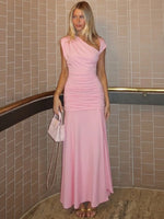 FDYOUI 2026 Summer Diagonal Collar Sleeveless Birthday Dress Women Sexy Tunics Pleated Solid Long Party Dresses Pink Black Gown