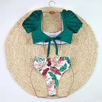 2026 Sexy Bikini Women Push Up Swimwear Swimsuit Leaf Sunflower Print High Waist Bowknot Bubble Sleeves Bikinis Set Bathing Suit
