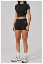 Color Contrast Yoga Suit Women Short Sleeve O Neck Sports T Shirts Tracksuit Outwear High Waist Shorts Gym Running Fitness Suits