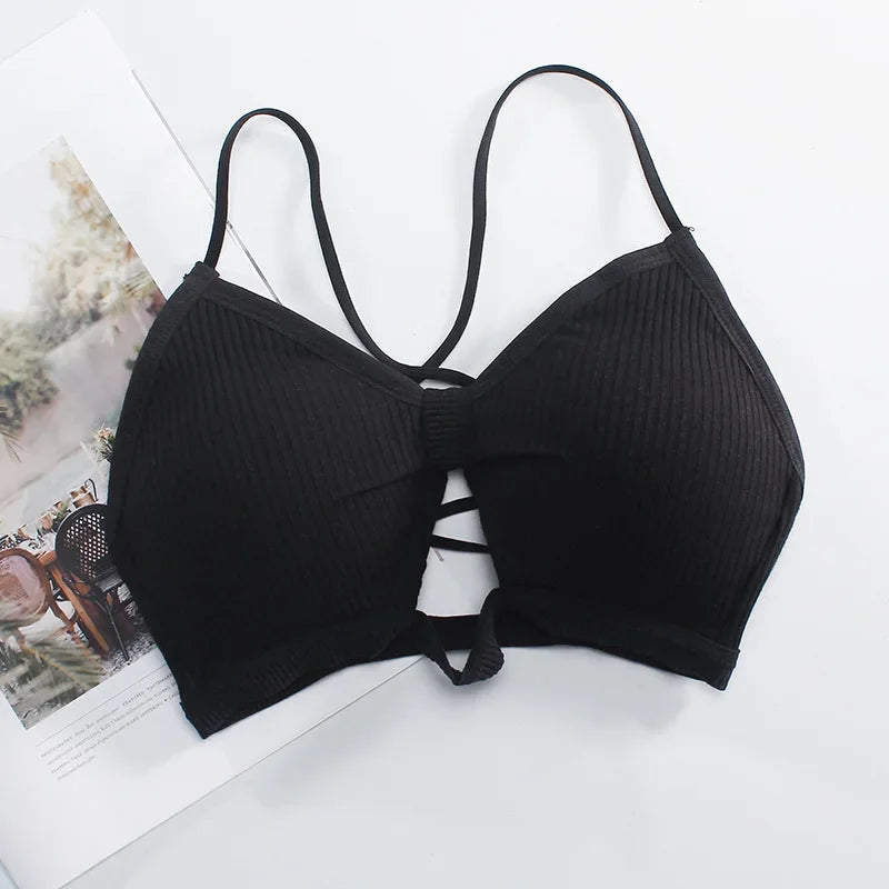 Front Hollow Out Ribbed Bralette Criss Cross Back Thin Straps Removable Chest Pads Wireless Bra Breathable Daily Underwear