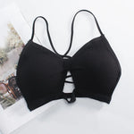 Front Hollow Out Ribbed Bralette Criss Cross Back Thin Straps Removable Chest Pads Wireless Bra Breathable Daily Underwear