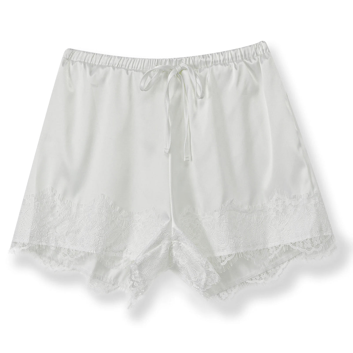 Summer Women's Casual Solid Satin Shorts Loose Fit Stylish Lace Trim Mid Rise Drawstring Shorts Lace Trim Lounge Bottoms