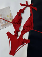 3D Flowers Deep V Neck Halter Women Backless Swimwear One Piece Swimsuit Female High Cut Monokini Bather Bathing Suit Swim Lady