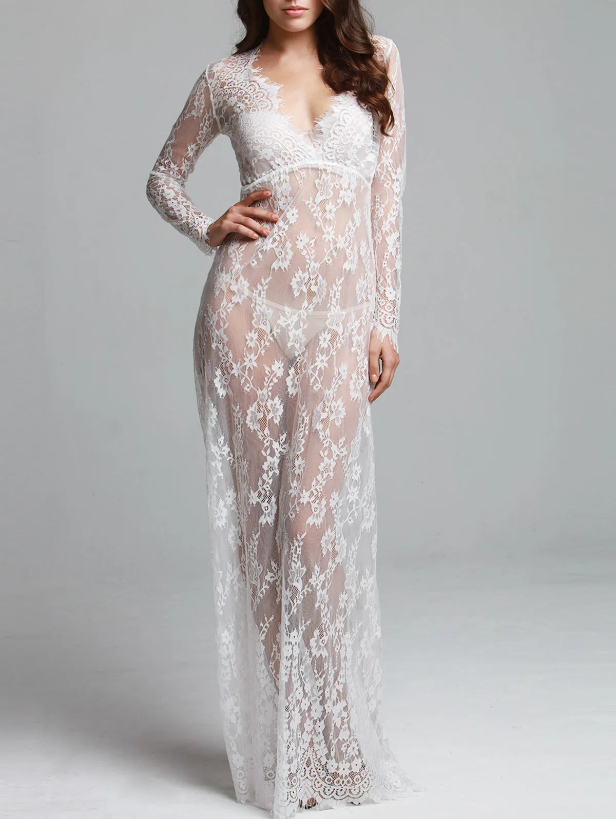 Sexy See Through Lace Long Dresses For Women Deep V-neck Solid Color Maxi Dress Fashion Streetwear Party Night Club Vestidos New
