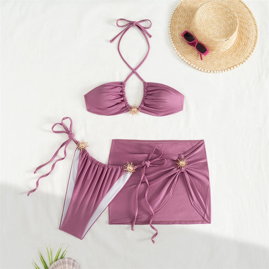 With Skirt Halter High Cut Strappy Bikini Female Swimsuit Women Swimwear Three-Pieces Bikini Set Bather Bathing Suit Swim V6398