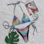 Sexy Purple Gradient Laser Bikini Set Women Shiny Snakeskin Push Up Swimsuit 2025 Luxury Rhinestone Bathing Suit Thong Swimwear