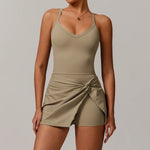 Summer Tennis Dress Women Sleeveless V Neck Slim Skirt Pleate Twisted Design Crossed Hollow Out Sports Yoga Golf Skirt Badminton