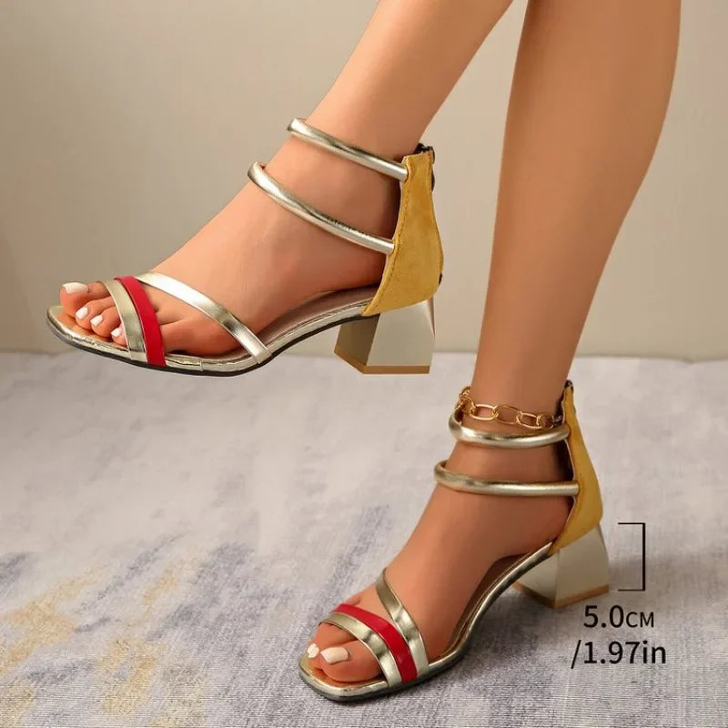 2026 New Summer Women's Pumps Elegant Strap Solid Color Square Toe High Heels Open Toe Fashion Sexy Banquet Women's Shoes