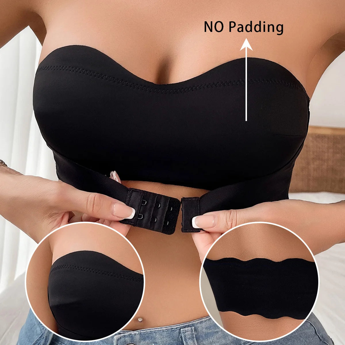Strapless Front Button Bra Detachable And Seamless Bra Black Wire-Free Bra Sexy Lingerie Women's Party Underwear B2744