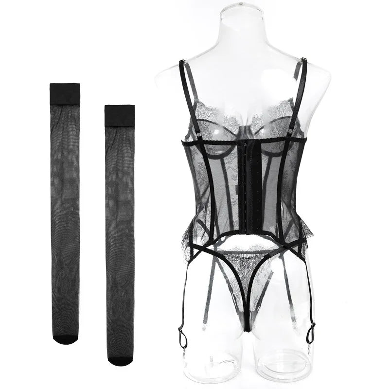Toucheart Erotic Lingerie Set Women Romantic Tight Fishbone Bra Heavy Industry Lacemesh Hollow Splicing Garter Belt Andstockings
