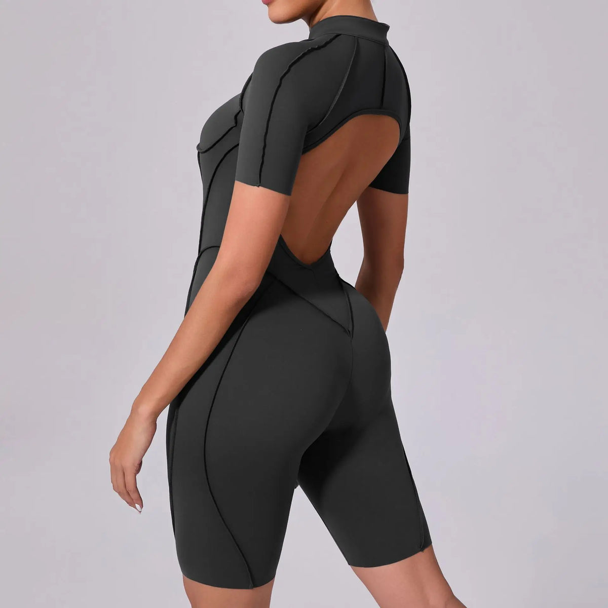 Summer Zipper Short Sleeve Yoga Jumpsuit Women Outerwear Sports Fitness Hip-lifting Backless One-piece Workout Gym Tracksutis